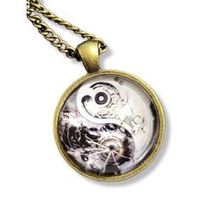 Brass Tone Finish Round Steampunk Yin Yang with magnifying cap Pendant 18"